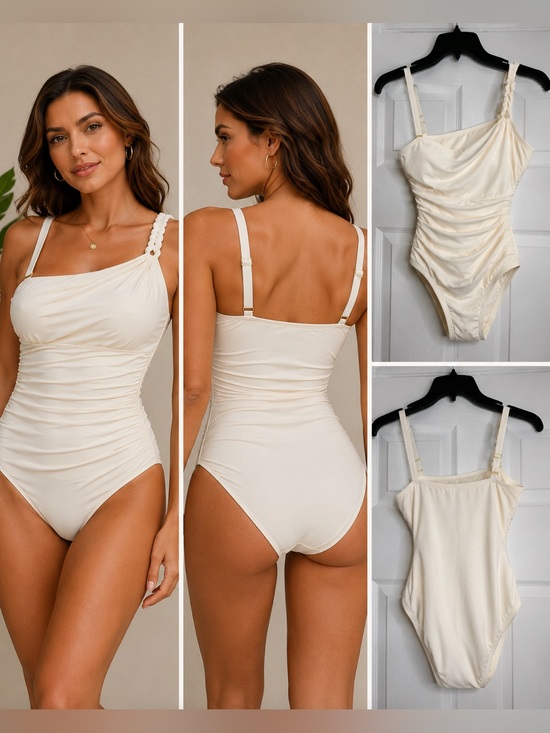Bleu Rod Beattie Other - NWT Bleu Rod Beattie One Shoulder Ruched One Piece Swimsuit Size 8 Ivory/Coconut